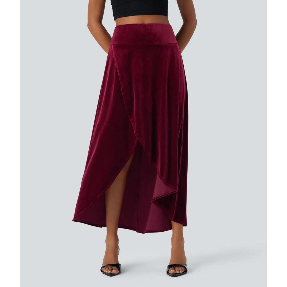 NWT Halara High Waisted High Low Crossover 2-in-1 Velvet Maxi Skirt Sangria M